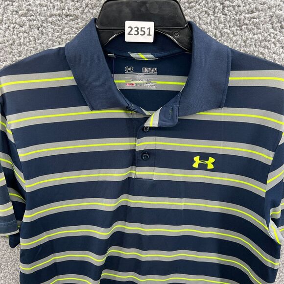 Men UA Under Armour Heatgear Short Sleeve Polo Shirt M Blue/Gray/Yellow Stripe - Picture 10 of 10